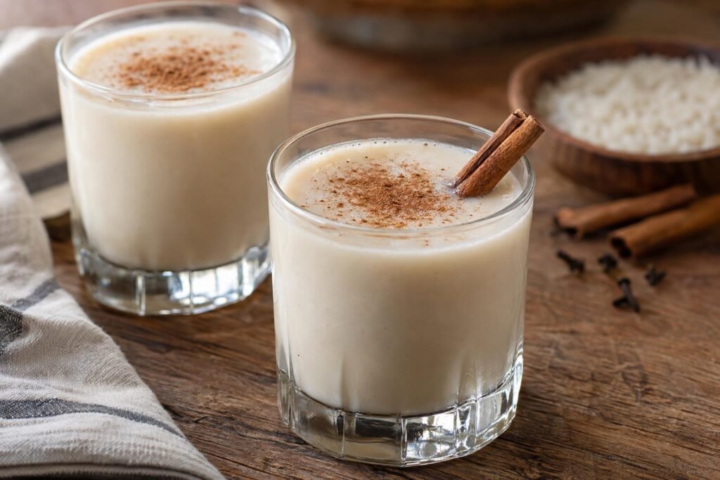 Vasos de masato de arroz colombiano cremoso, de color beige claro, servido frío con canela.