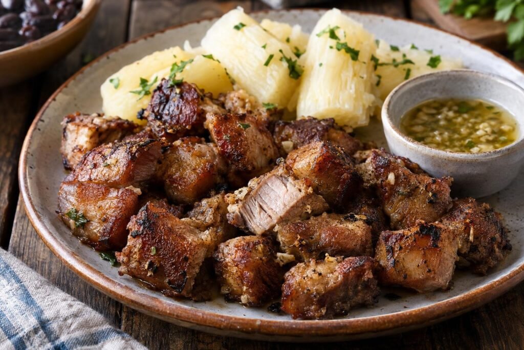 Masitas de cerdo fritas cubanas en cubos dorados, servidas con yuca hervida y mojo cítrico.