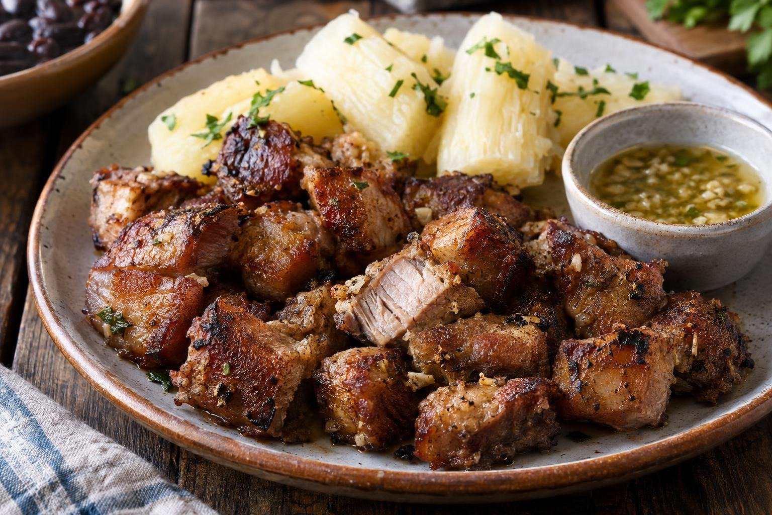 Masitas de cerdo fritas cubanas en cubos dorados, servidas con yuca hervida y mojo cítrico.