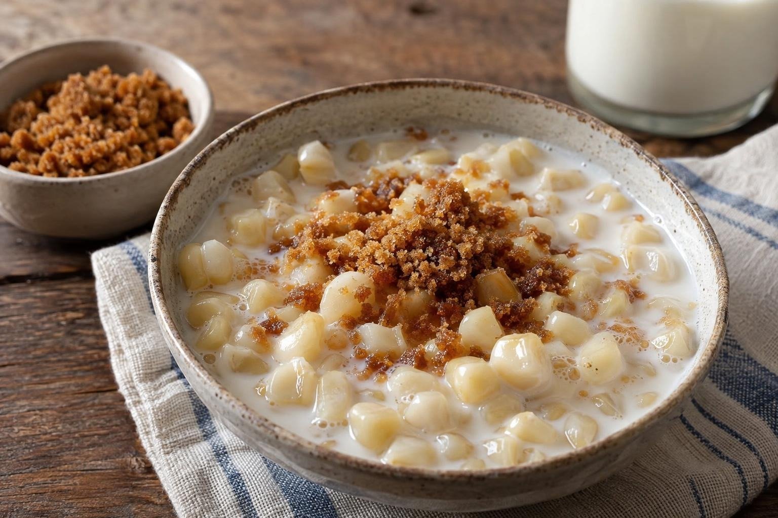 Tazón de mazamorra antioqueña con granos de maíz blanco cocidos, leche fría y panela rallada