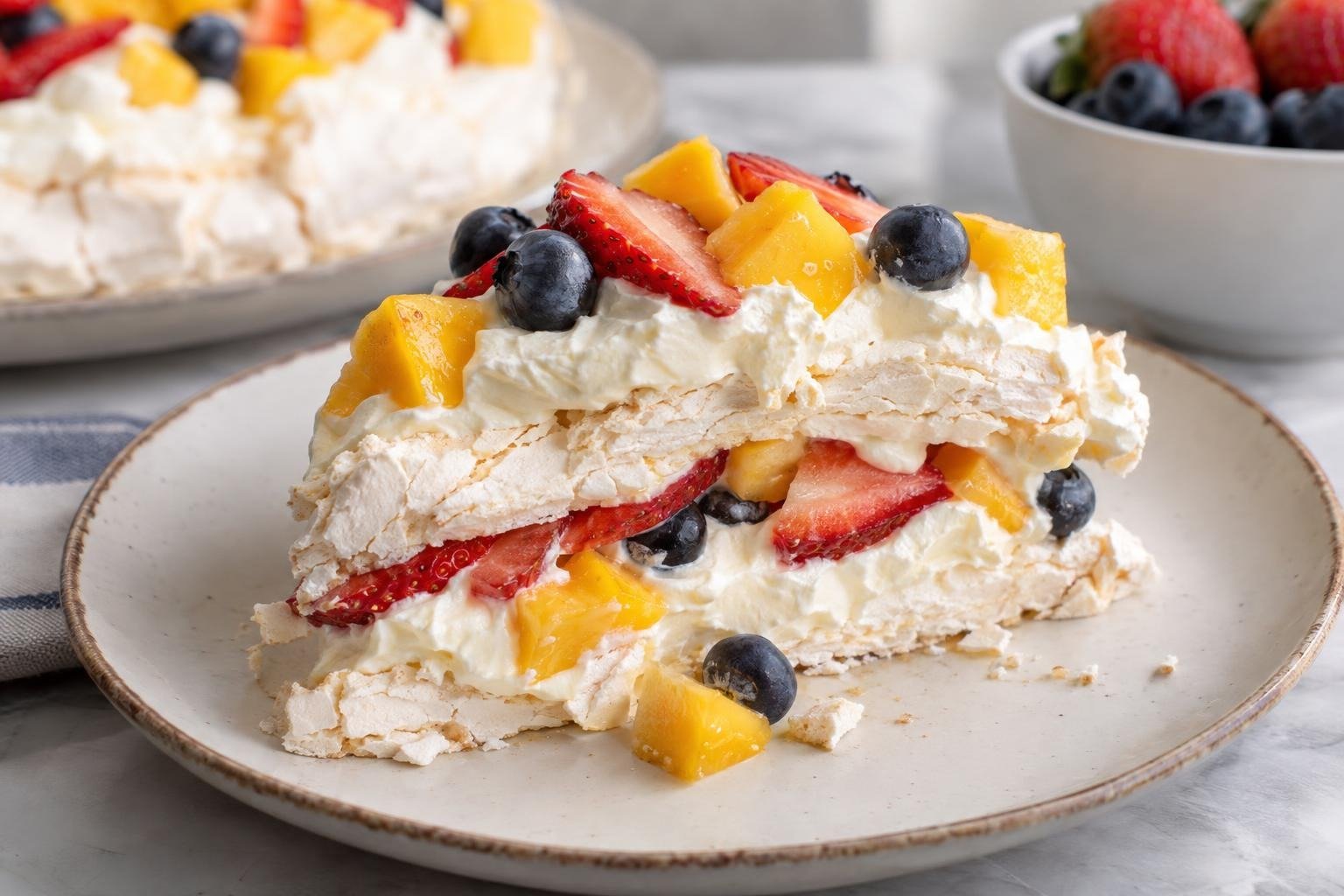 Porción de merengón colombiano con capas de merengue blanco, crema batida, fresas, mango y arándanos.
