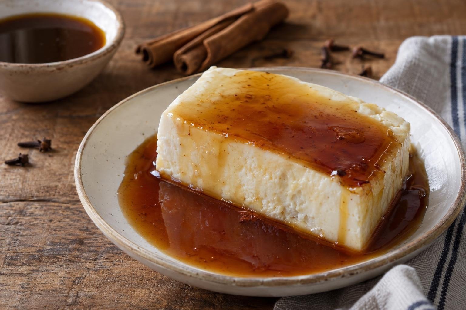 Porción de quesillo fresco cubierta con miel de panela, canela y clavo de olor al estilo lojano.