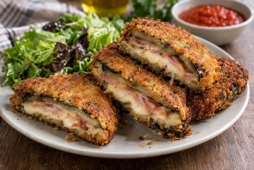 Milanesas de berenjena empanizadas rellenas de tocino y queso fundido, doradas y servidas con ensalada