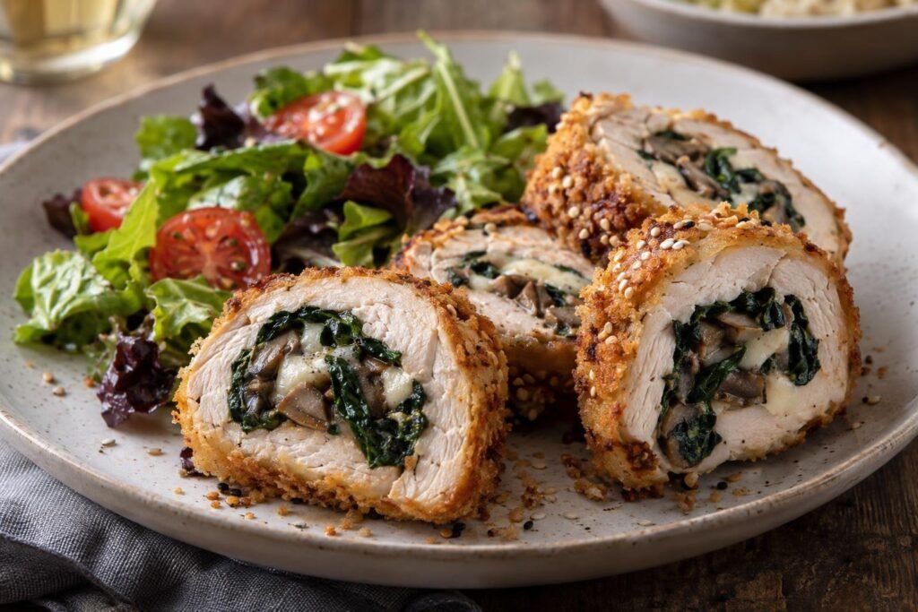 Medallones de milanesa de pollo horneada rellena de champiñones, espinacas y mozzarella, con empanizado dorado.