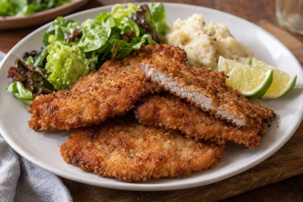 Milanesas de puerco empanizadas y doradas con gajos de limón y ensalada verde