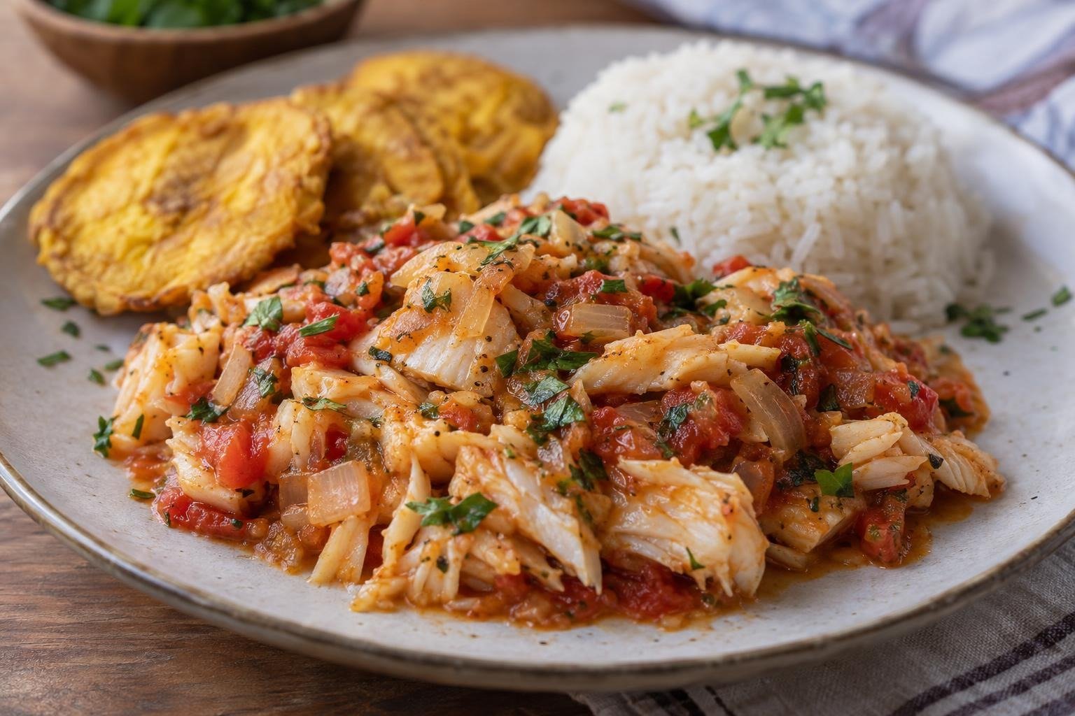 Mince fish de San Andrés servido como pescado blanco desmenuzado en un guiso jugoso de tomate, cebolla, ajo, cilantro y tomillo.