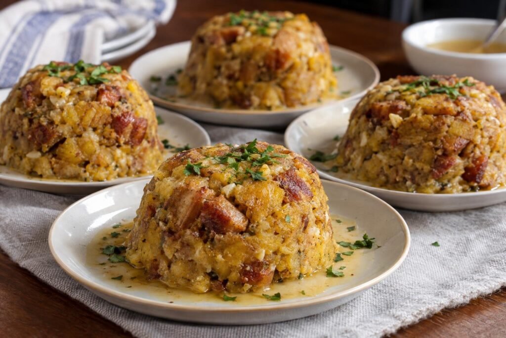 Mofongo puertorriqueño de plátano verde con ajo y chicharrón, moldeado en porciones y servido con caldo.