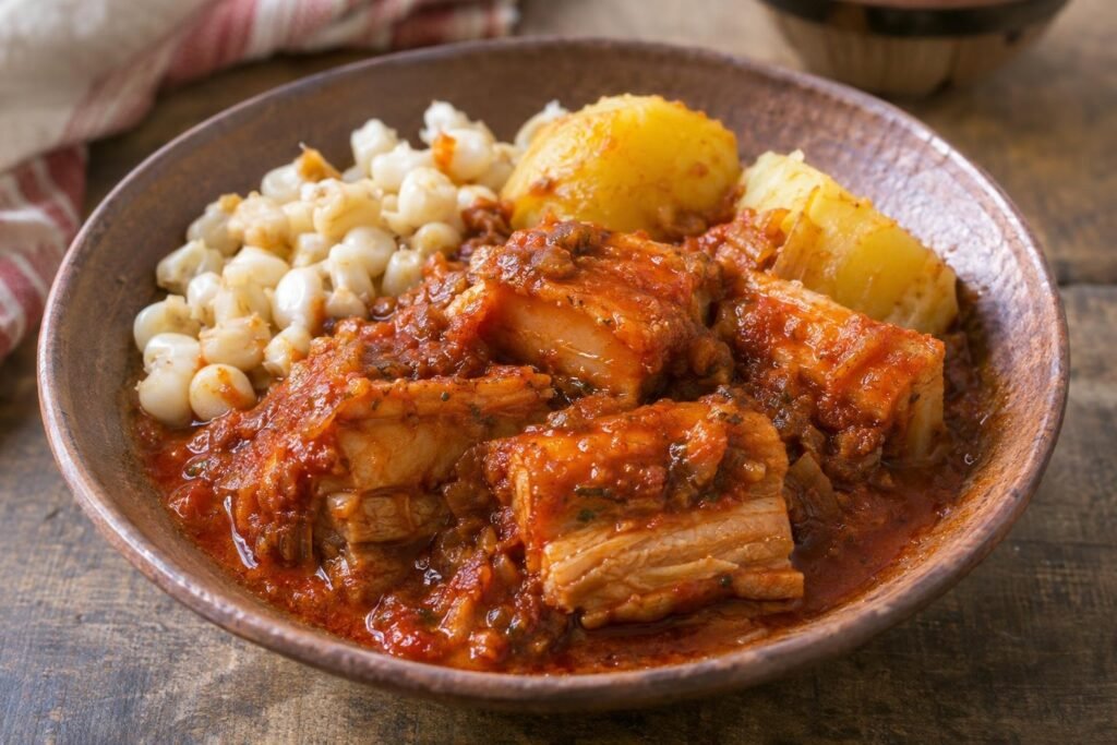 Mondongo chuquisaqueño boliviano con cerdo en salsa de ají colorado, mote blanco y papas cocidas