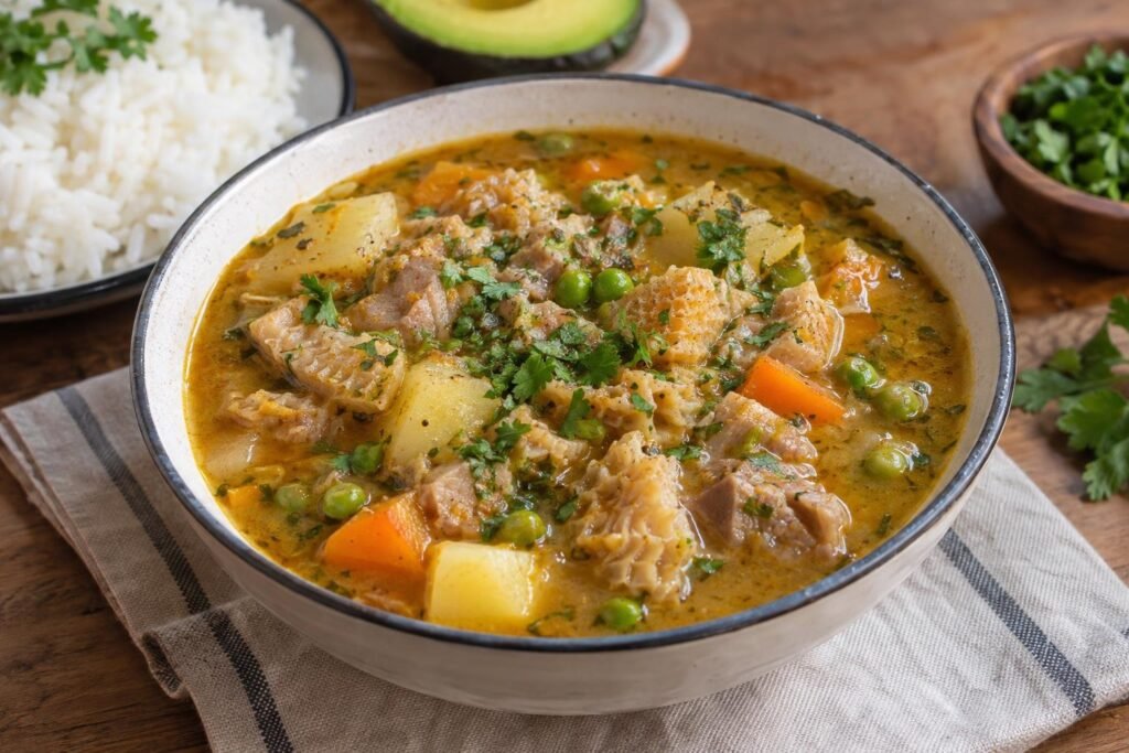 Plato hondo de mondongo colombiano con callo tierno, pata de cerdo, papa, zanahoria, arvejas y cilantro en caldo dorado.