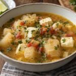 Tazón de mote de queso costeño con trozos de ñame, cubos de queso, sofrito y cilantro fresco.