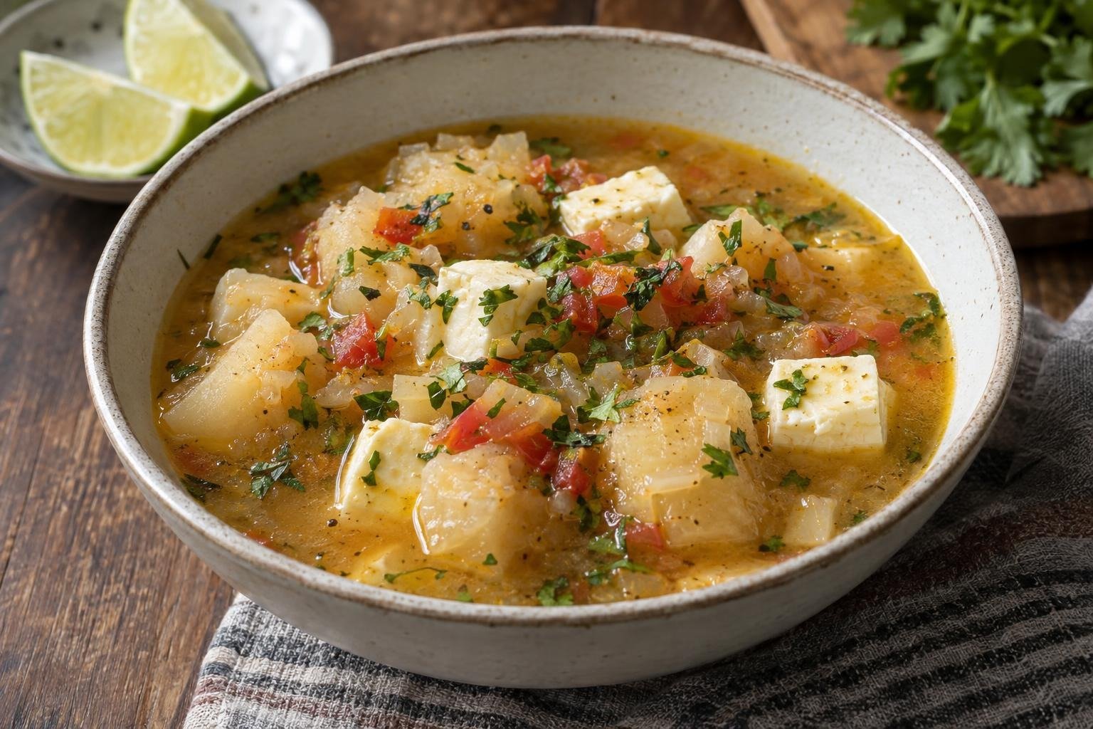 Tazón de mote de queso costeño con trozos de ñame, cubos de queso, sofrito y cilantro fresco.