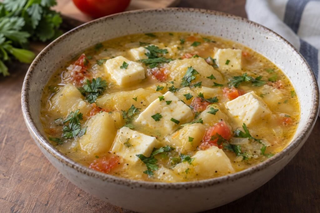 Cuenco de mote de queso costeño con ñame tierno, caldo espeso, cubos de queso, sofrito y cilantro fresco.