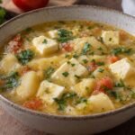 Cuenco de mote de queso costeño con ñame tierno, caldo espeso, cubos de queso, sofrito y cilantro fresco.
