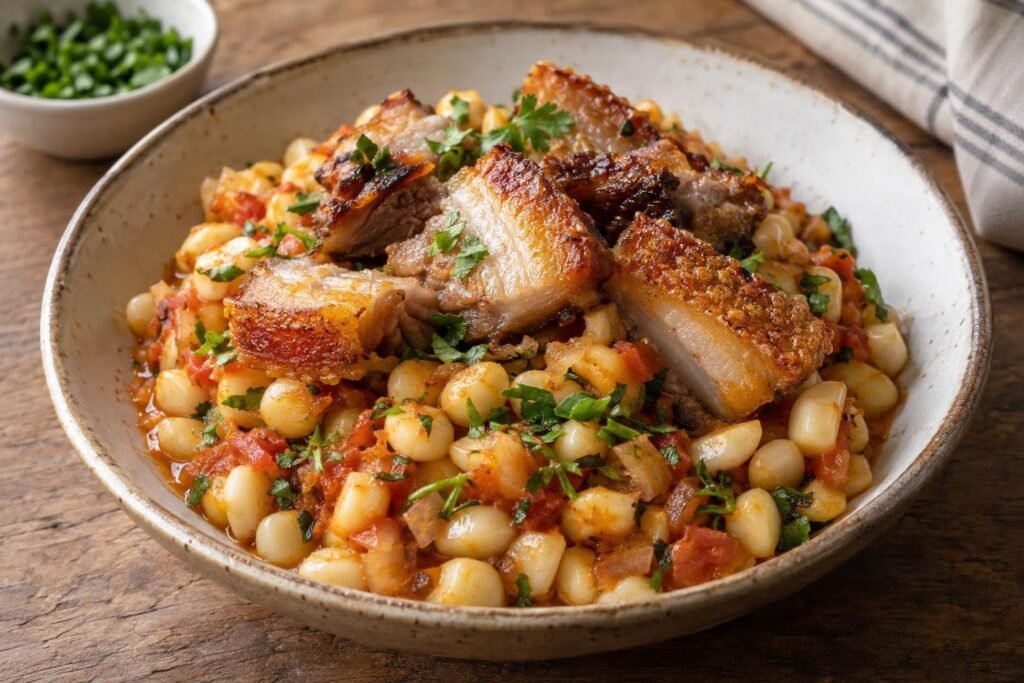 Mote nariñense húmedo con hogao y trozos de chicharrón de panceta dorado y crujiente en un plato hondo.