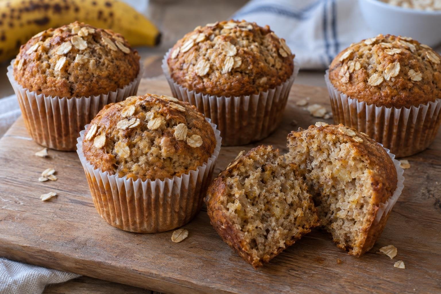 Seis muffins de banana y avena con superficie dorada y hojuelas de avena, uno partido para mostrar la miga húmeda.