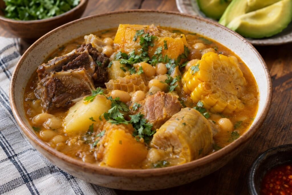 Plato hondo de mute santandereano con granos, costilla, cerdo, callo, yuca, papa, plátano, mazorca y auyama, terminado con cilantro fresco.