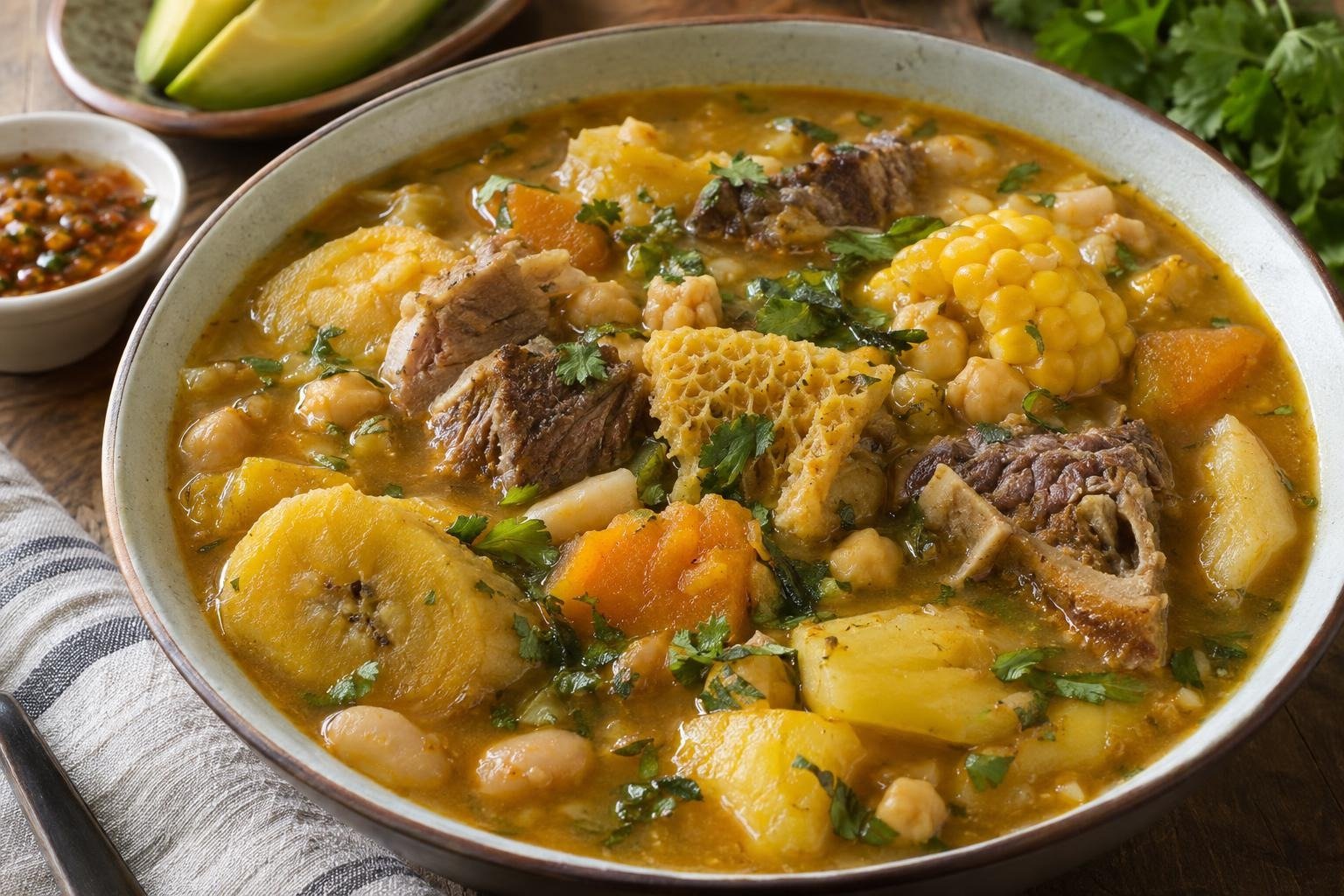 Plato hondo de mute santandereano con maíz peto, granos, carnes, yuca, papa, auyama y cilantro.