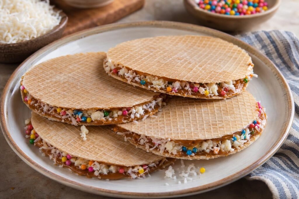 Obleas colombianas redondas rellenas de arequipe, queso, coco rallado y grageas de colores.