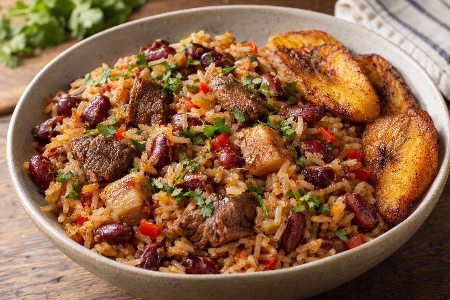 Palo a pique llanero colombiano con arroz suelto, fríjoles rojos, carne de res, cerdo, cilantro y plátano maduro dorado.