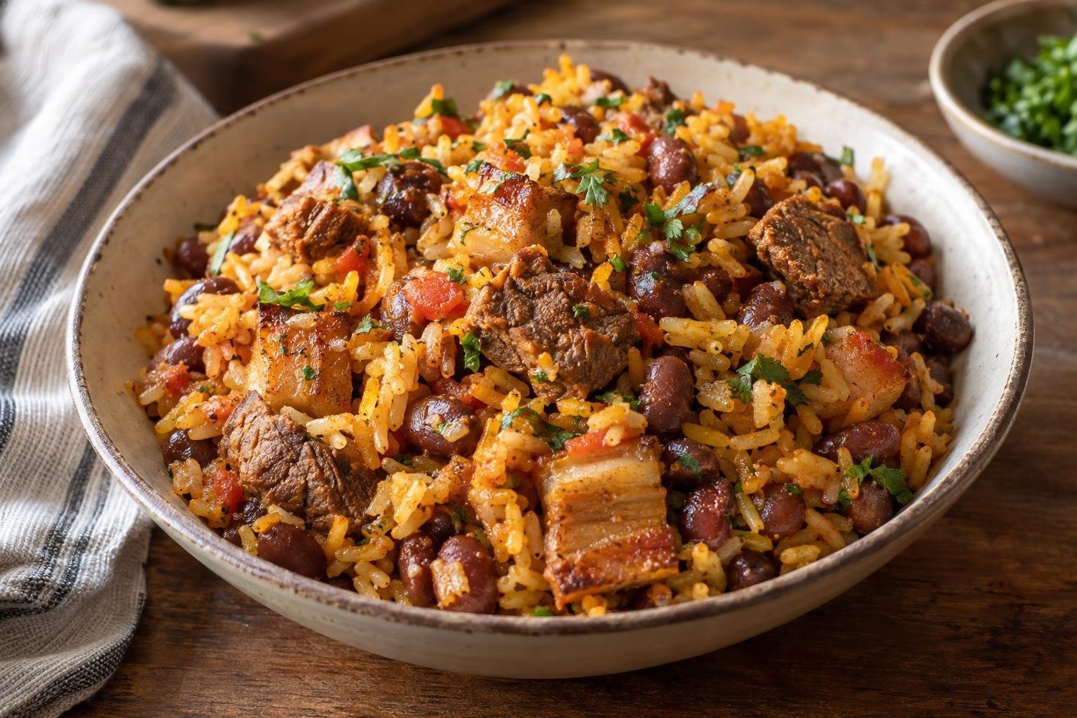 Palo a pique llanero servido con arroz suelto, fríjoles, carne de res, panceta y cilantro.