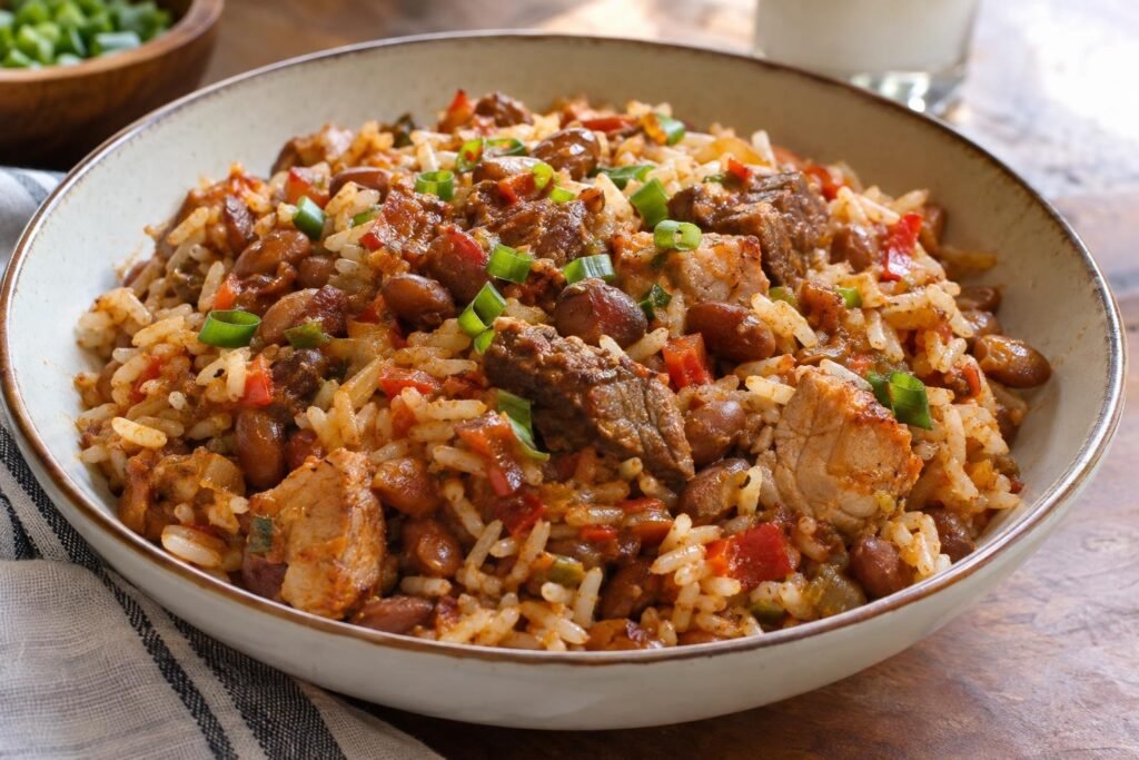 Palo a pique llanero venezolano servido con arroz, frijoles bayos, carne de res, cerdo y sofrito