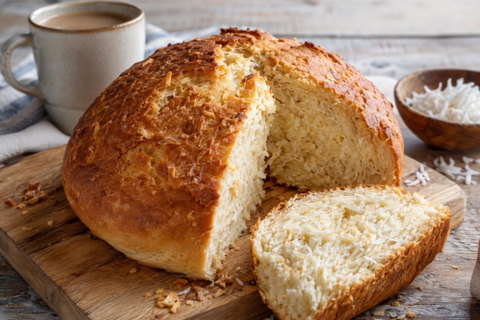 Hogaza redonda de pan de coco sanandresano con corteza dorada y miga tierna con coco rallado, parcialmente tajada sobre una tabla.