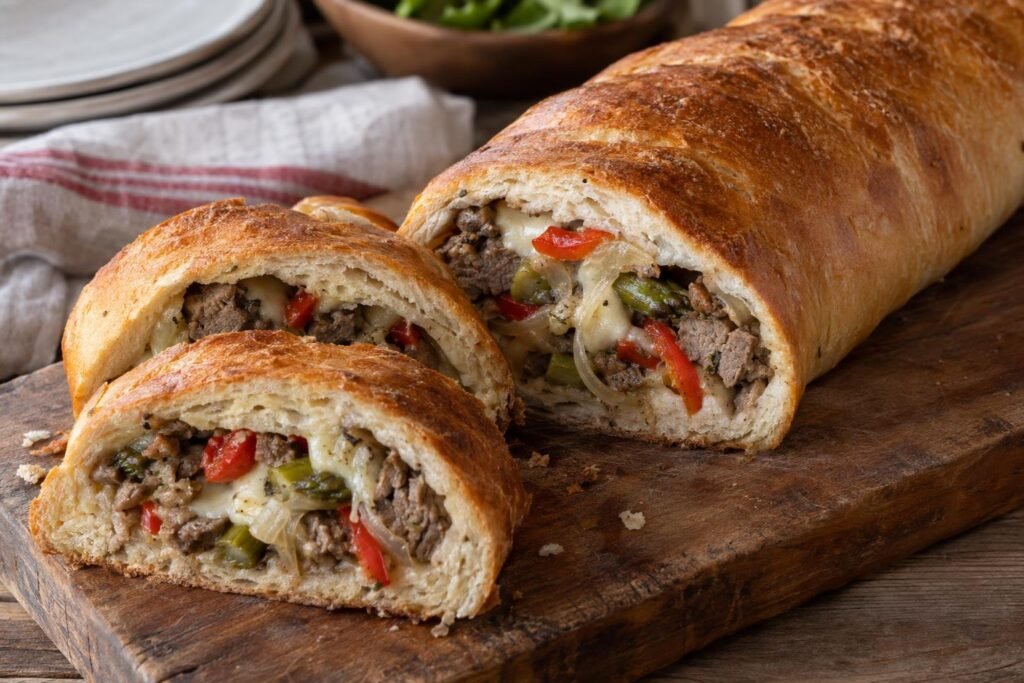 Pan relleno de carne de res, queso fundido, cebolla, pimiento y espárragos, cortado en rebanadas y horneado hasta dorar.