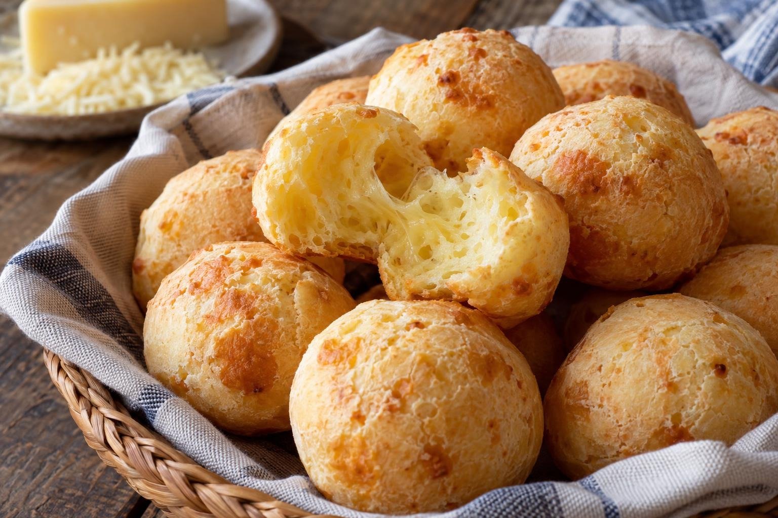 Pão de queijo brasileños redondos, dorados y partidos para mostrar su interior elástico de queso y tapioca.
