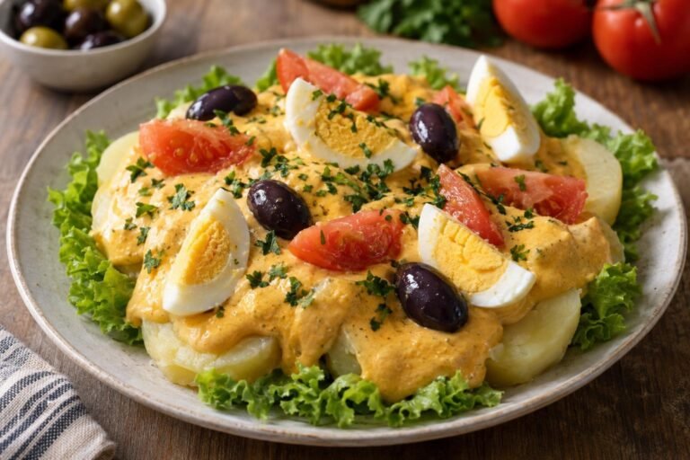 Papas cocidas con salsa dorada de maní y ají amarillo, huevo duro, tomate, aceitunas y lechuga