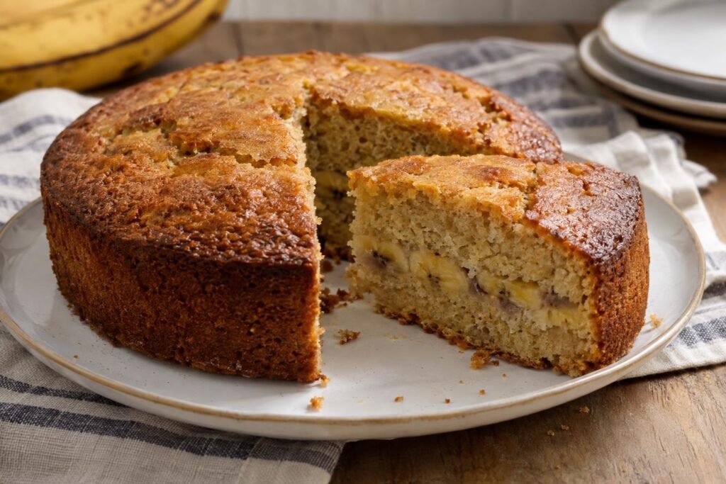 Rebanadas de pastel de banano guatemalteco con miga tierna y rodajas de banano en el centro sobre un plato