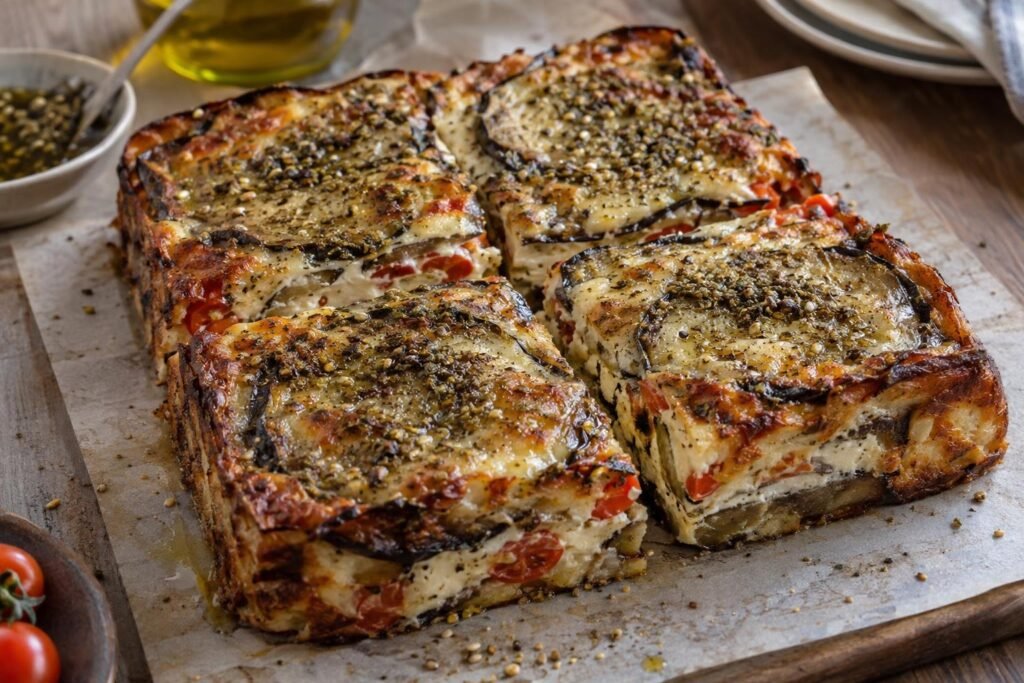Porción de pastel salado de berenjenas al horno con queso, tomate y zaatar, de interior cremoso y superficie dorada.