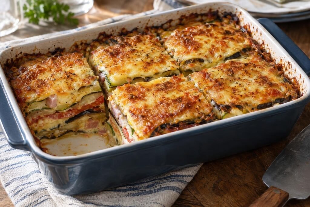 Pastel salado de berenjenas y calabacín al horno con jamón, tomate y queso gratinado, cortado en porciones.