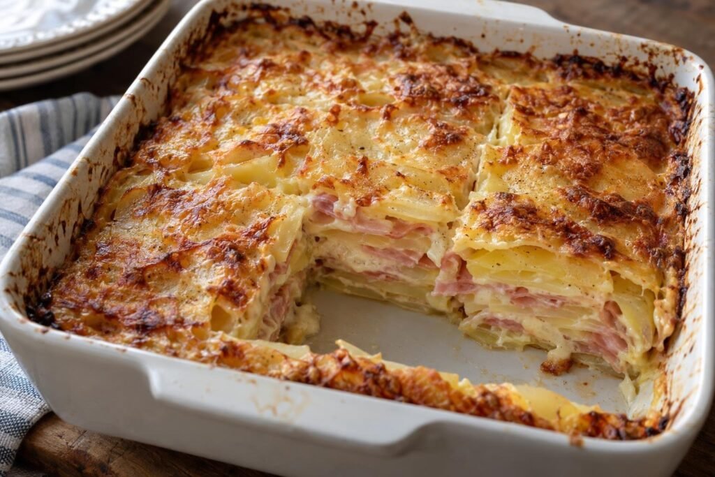Porción de pastel de patata con jamón y queso emmental gratinado, cortada en capas y servida tibia.