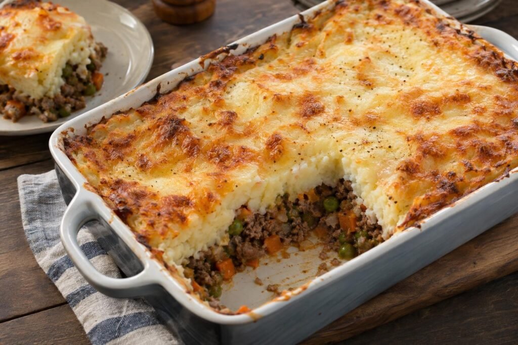 Porción de pastel de patata y verduras al horno con carne molida, guisantes, zanahoria y queso mozzarella gratinado.