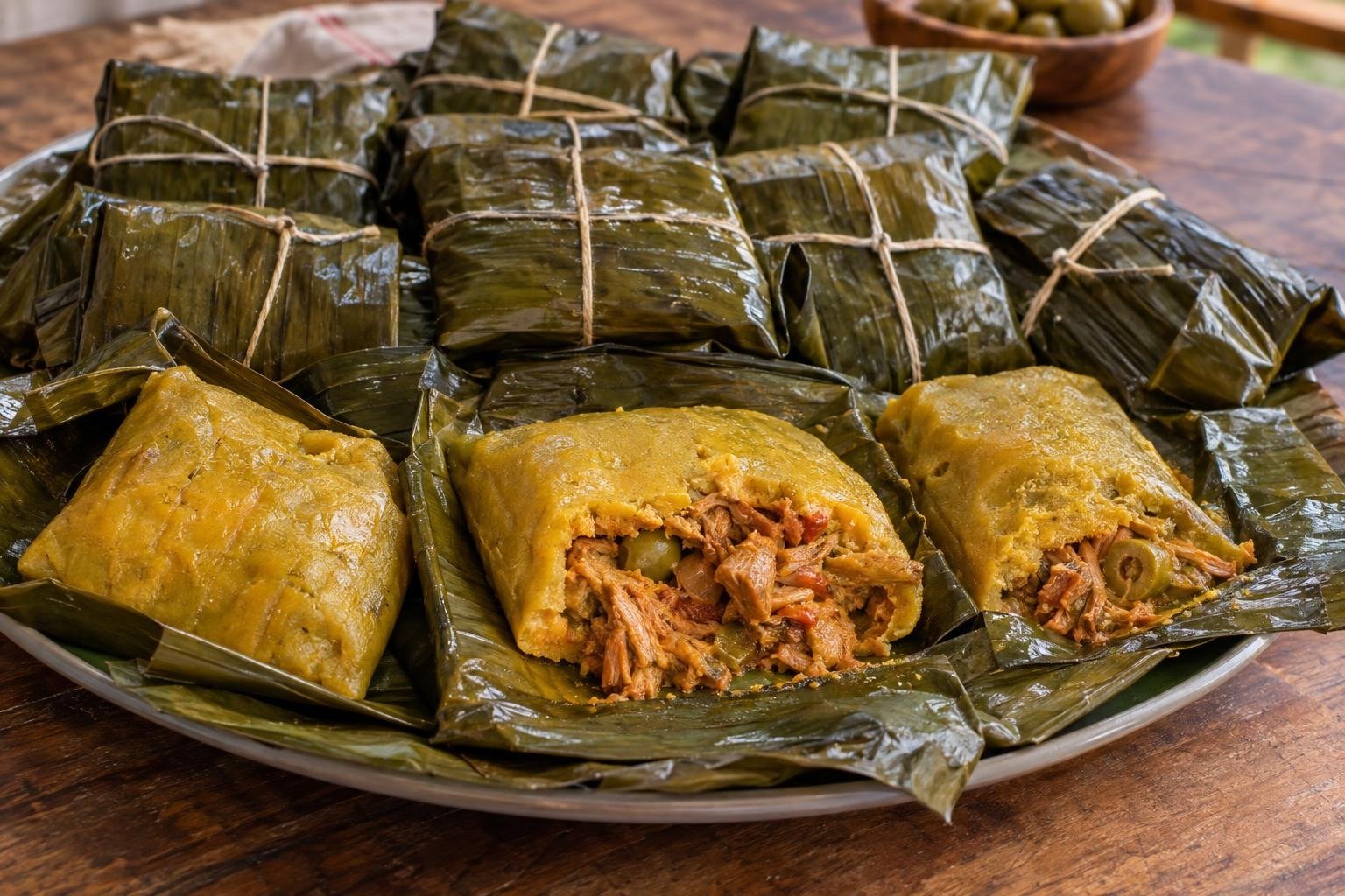 Pasteles en hoja dominicanos de masa de plátano verde y auyama rellenos de cerdo guisado, servidos envueltos en hojas de plátano.