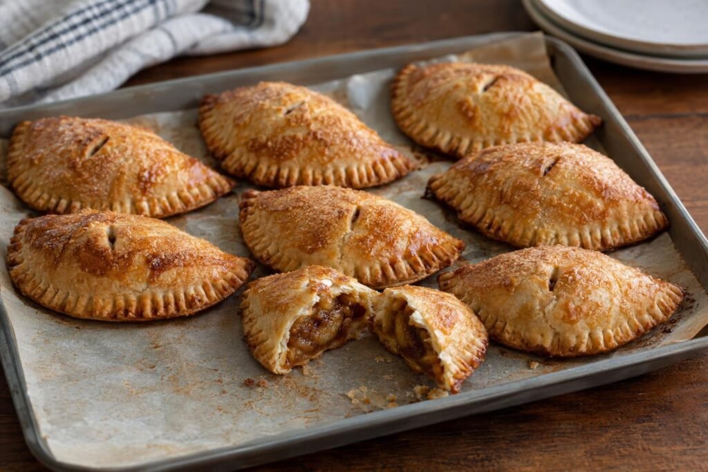 Pastelitos horneados en forma de media luna, dorados y rellenos de plátano maduro con panela y canela