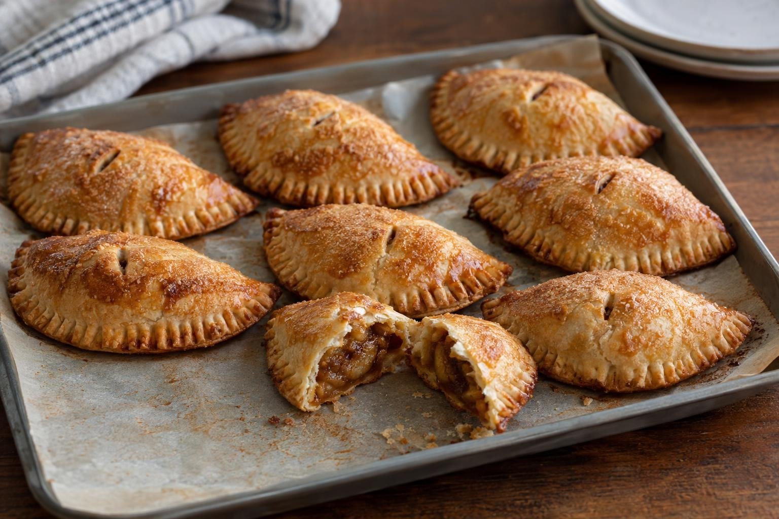 Pastelitos horneados en forma de media luna, dorados y rellenos de plátano maduro con panela y canela