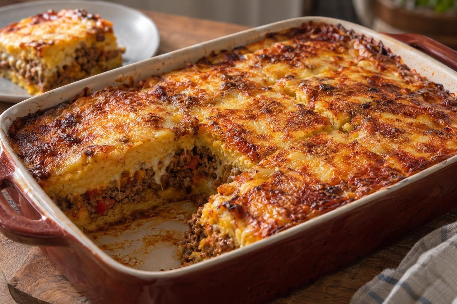 Porción de pastelón dominicano de plátano maduro con capas de puré de plátano, carne molida y queso gratinado