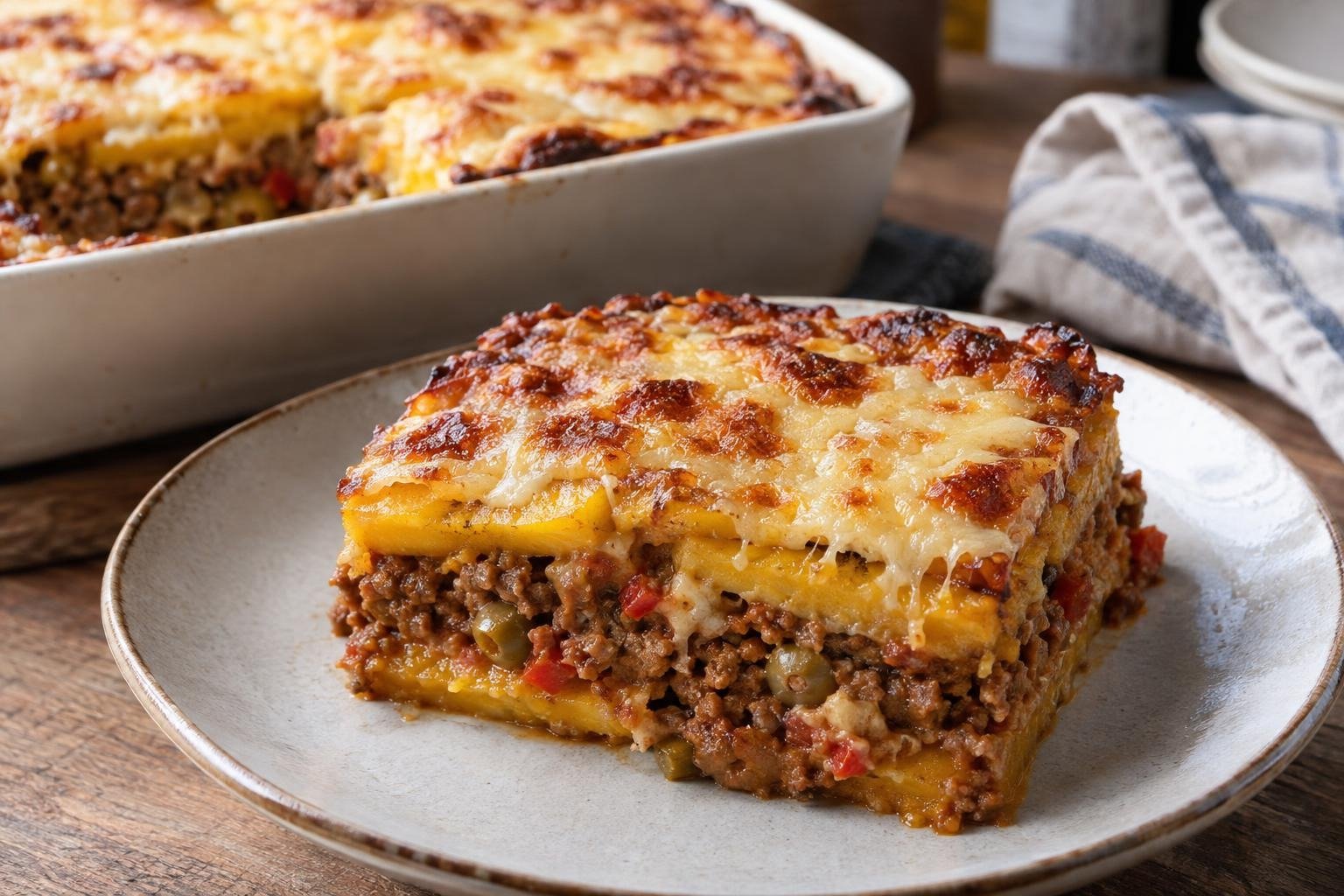 Porción de pastelón puertorriqueño de plátano maduro con capas de carne molida y queso gratinado.