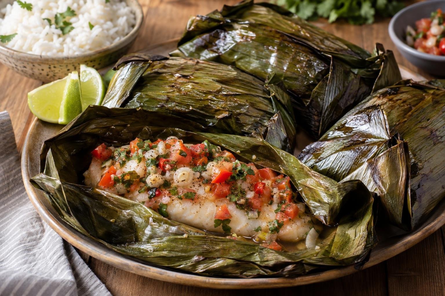 Patarasca amazónica de pescado envuelta en hoja de plátano, con un paquete abierto que muestra el filete con tomate, cebolla y cilantro.