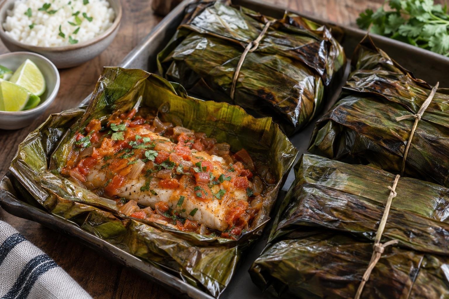Patarashca de pescado blanco con hogao de tomate, cebolla y cilantro, envuelta en hoja de plátano y servida con arroz blanco.