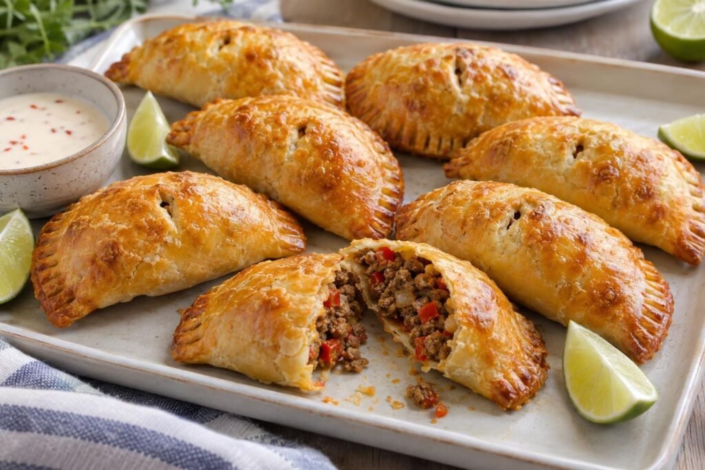 Patis sanandresanos de carne horneados, dorados y rellenos de carne con pimentón, cebolla y ají, servidos con limón.