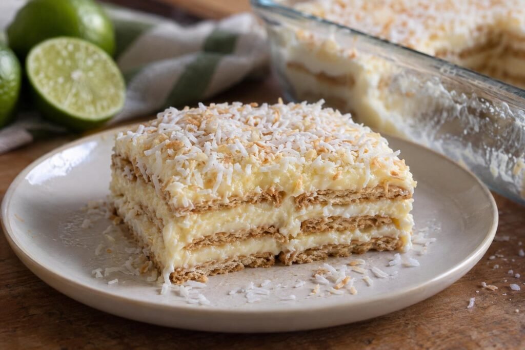 Porción de pavé brasileño de limón con capas de galletas, crema cítrica y coco rallado