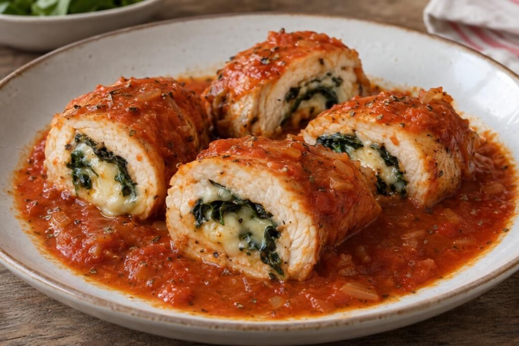 Medallones de pechuga de pollo rellenos de espinacas y queso manchego, servidos con salsa de tomate.