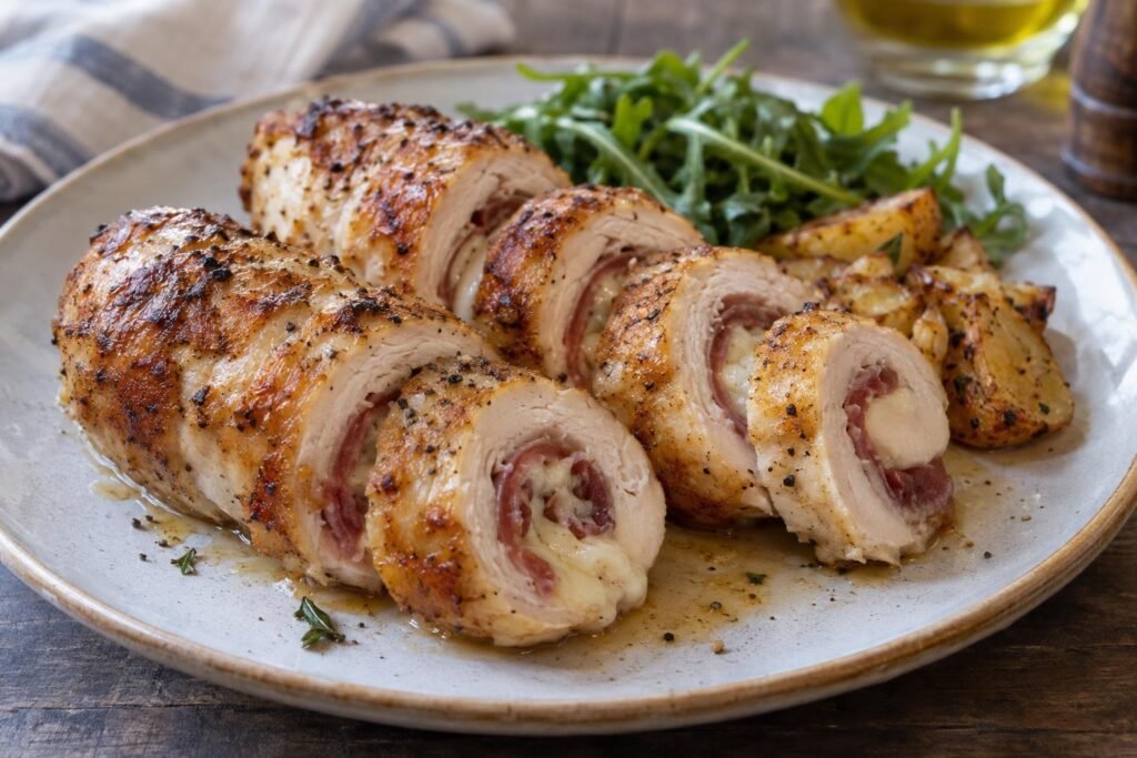 Rodajas de pechuga de pollo dorada rellena de jamón ibérico, mozzarella y parmesano, servidas en un plato.