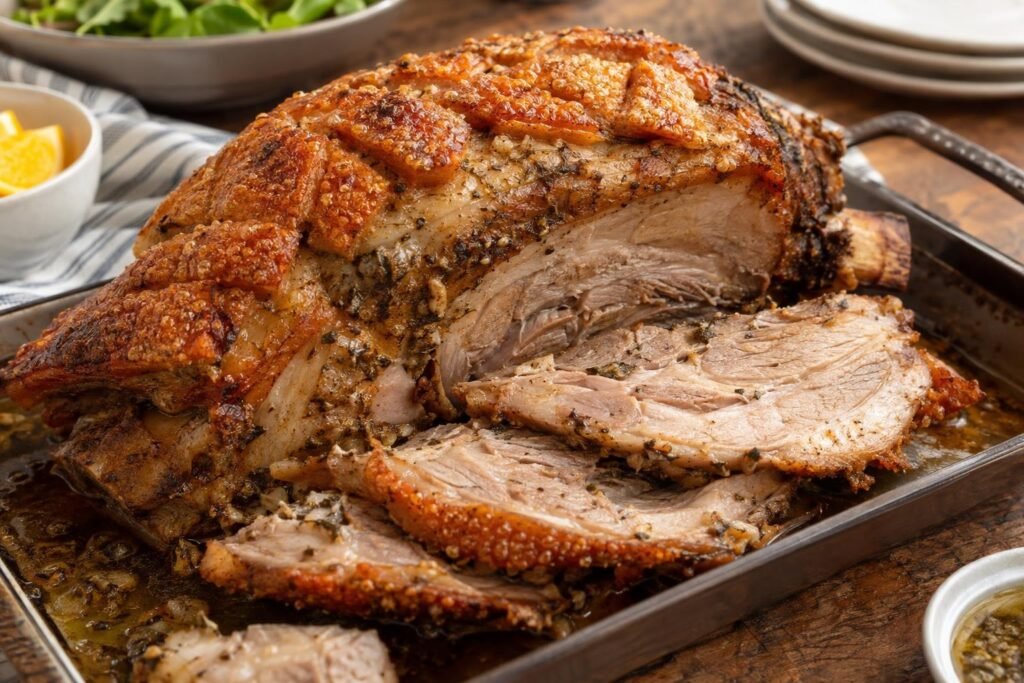 Pernil puertorriqueño al horno cortado en tajadas, con piel dorada y crujiente y carne de cerdo tierna.
