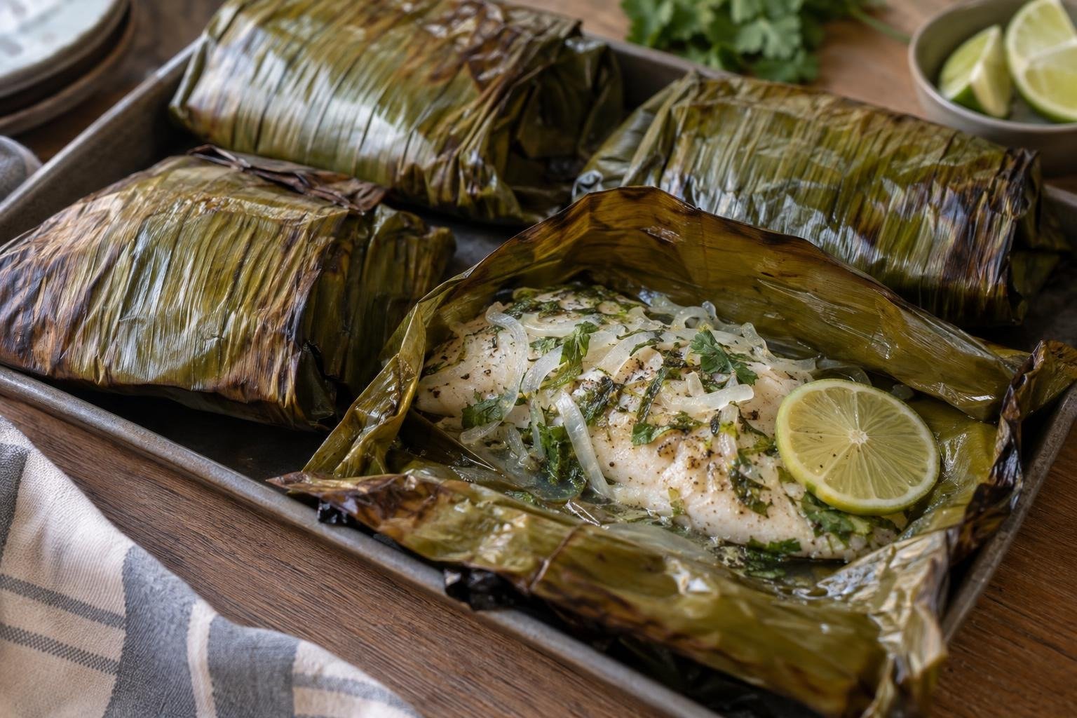 Filetes de pescado blanco jugosos asados en paquetes de hoja de plátano con cebolla, cilantro y limón.
