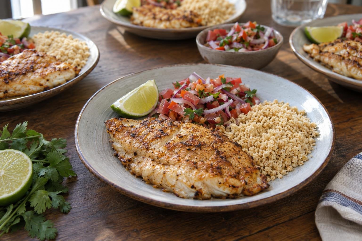 Filete de pescado blanco dorado con fariña amazónica tostada, hogao fresco y gajos de limón