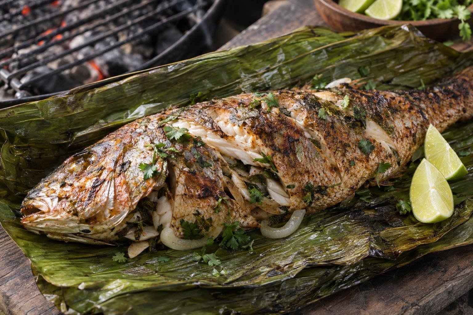 Pescado moqueado amazónico cocido al carbón, servido sobre hoja de plátano con limón, cebolla y cilantro.