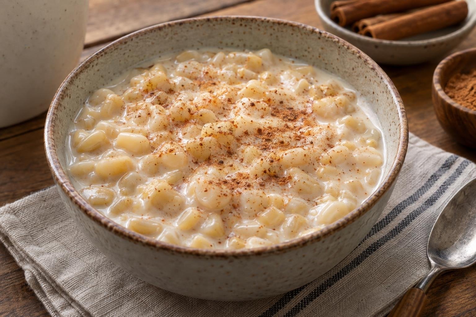 Tazón de peto costeño cremoso con granos de maíz, leche y canela